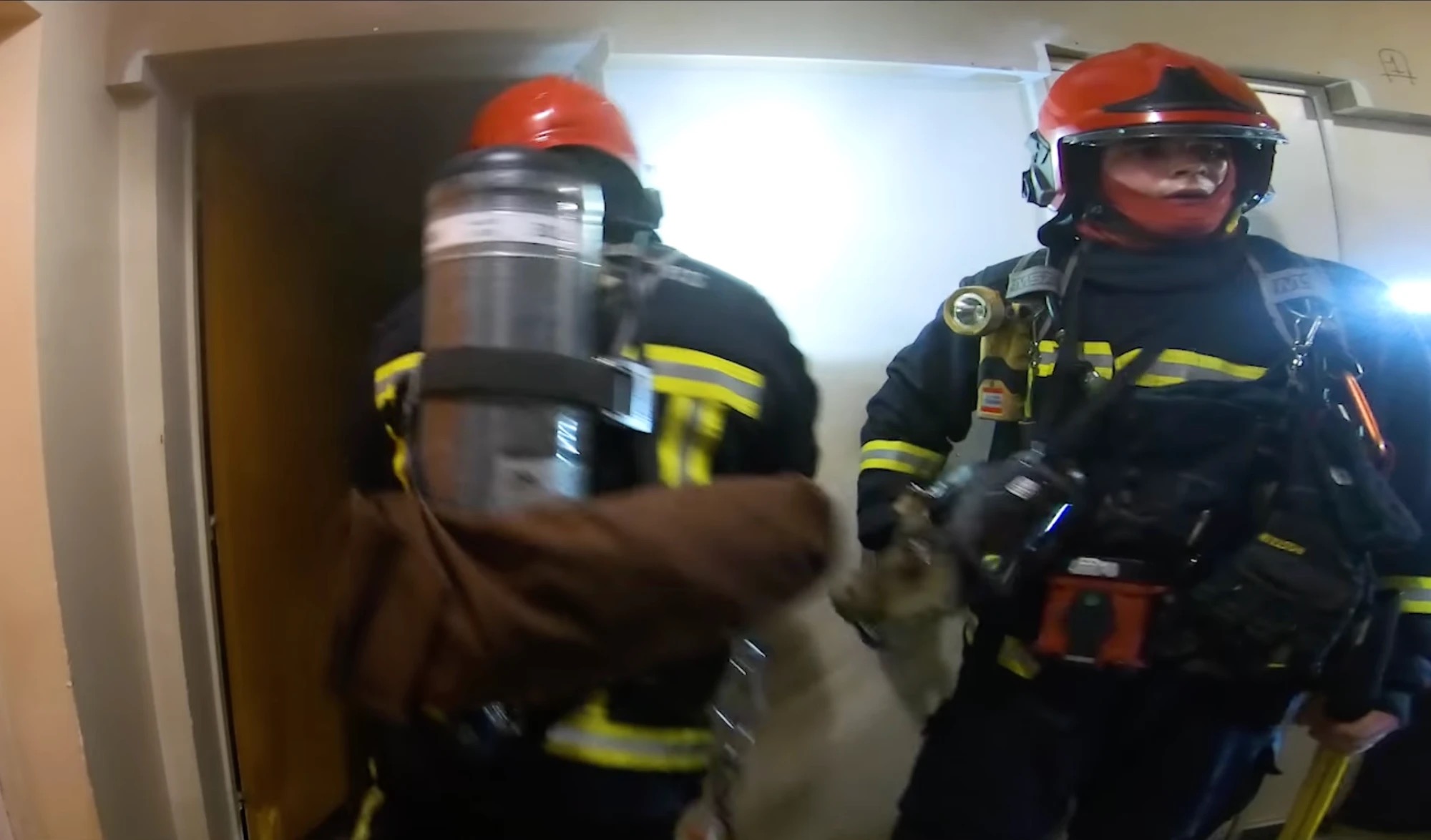 Sapeurs-pompiers du Val d'Oise en intervention, équipés pour une reconnaissance en milieu enfumé